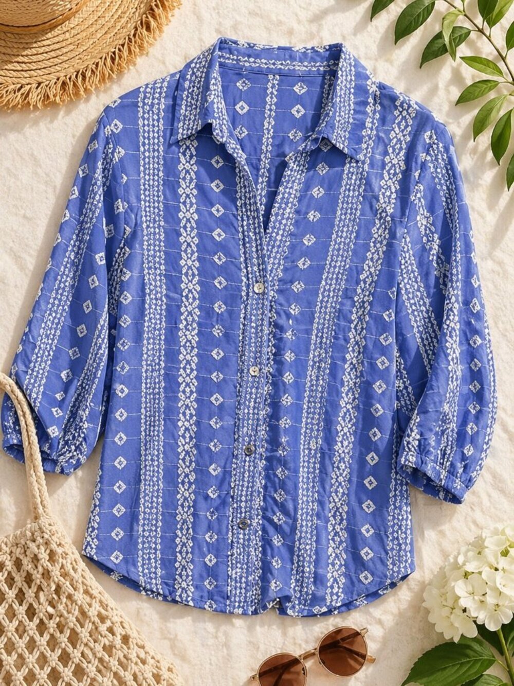 Cato Blue Embroidered Button Down Blouse 14/16W Boho Cottagecore Top